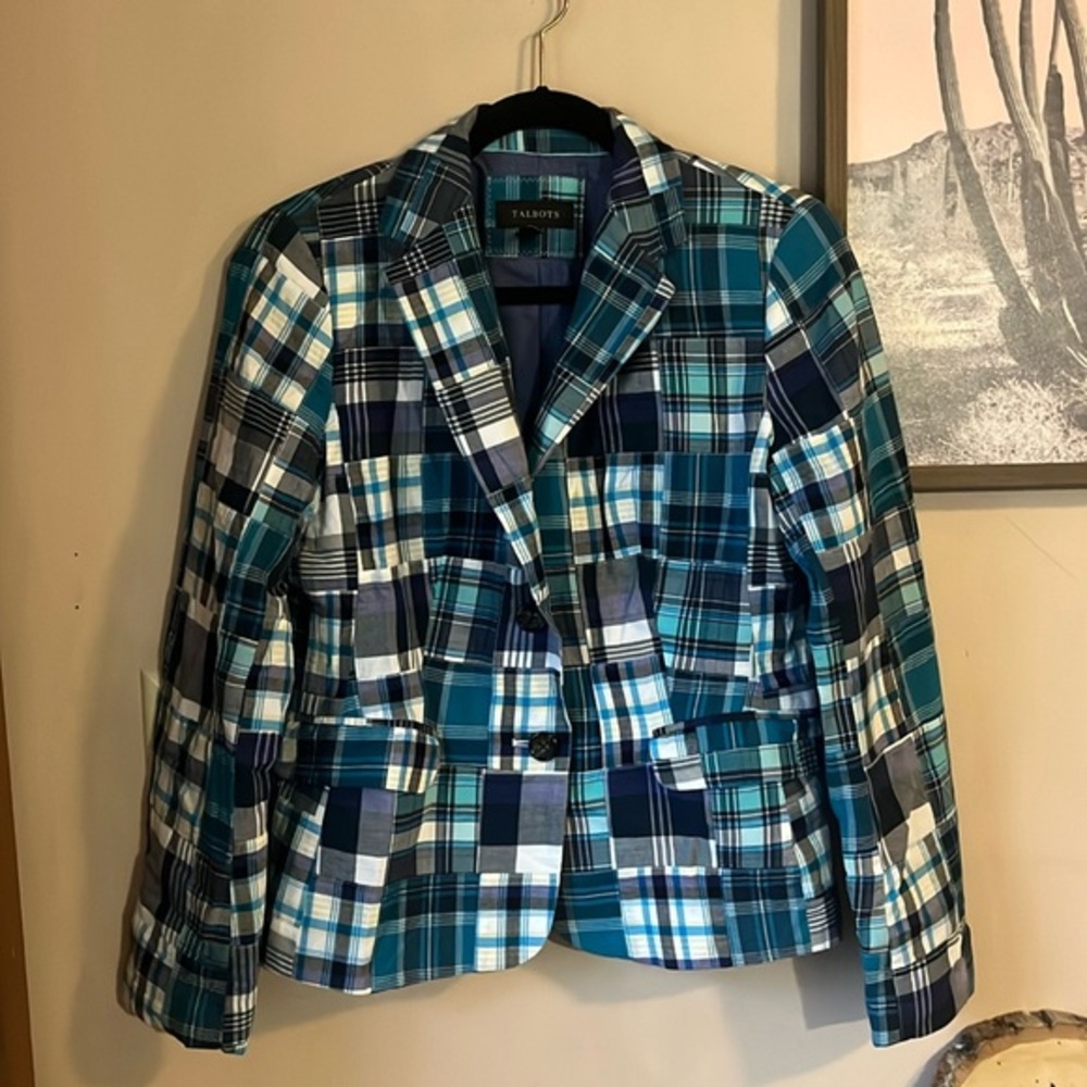 NWOT Talbots Preppy Blue Madras Plaid Summer Blazer Size 8